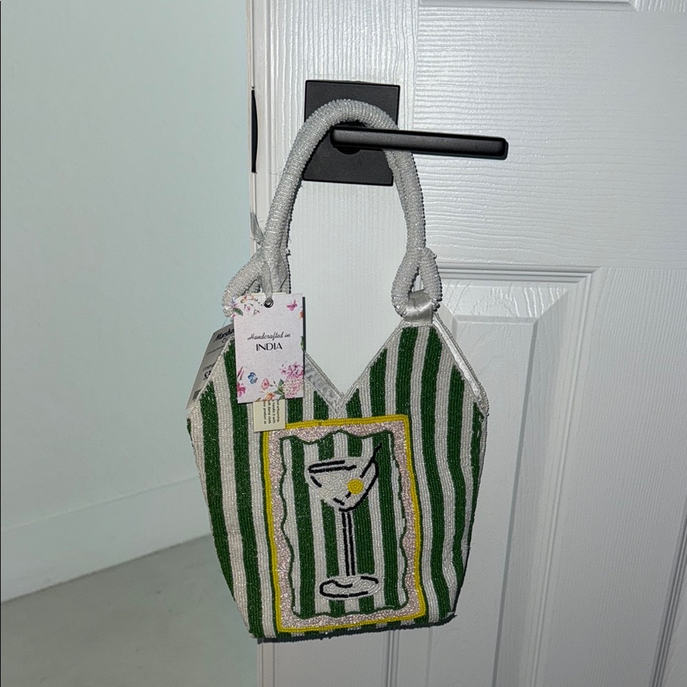 Viral Green and White Striped beaded martini Bag